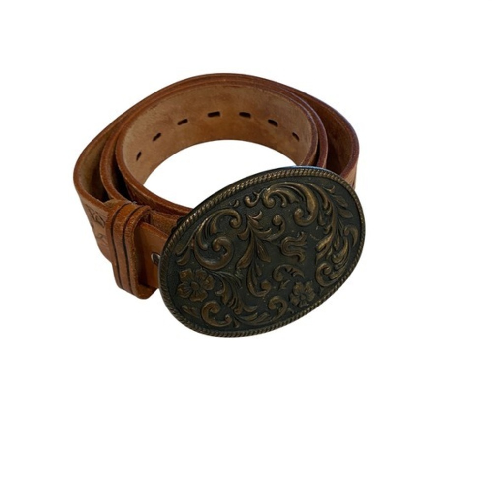 Mens Tan Genuine Leather Western Horse Embossed‎ Belt Floral Trophy Buckle 36